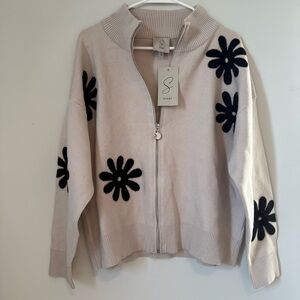 Sioni Granola Color Felt Mod Floral 70s Inspired Women's Cardigan Sweater